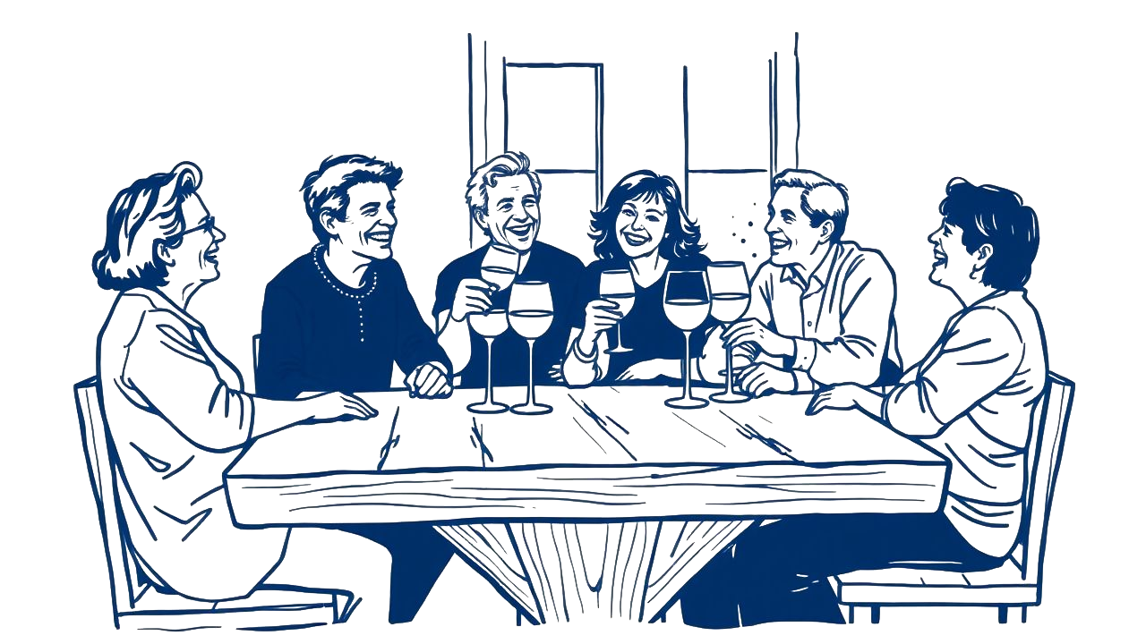 Sketch: several old friends laughing around a table, glasses raised.